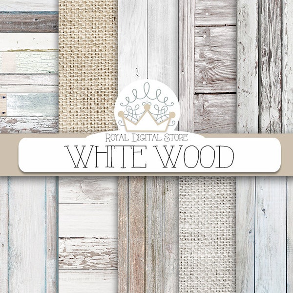 Holz digitales Papier: "WHITE WOOD" mit Holzhintergrund, weiße Holzstruktur, rustikales Holz, Holz scrapbook Papier und Leinenpapiere