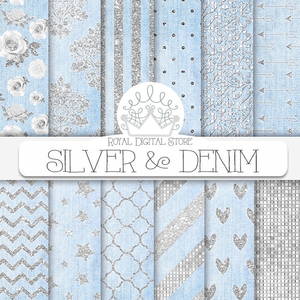 Silver Digital Paper: "SILVER & DENIM" with silver patterns, silver texture, silver background, denim texture for scrapbooking, planners