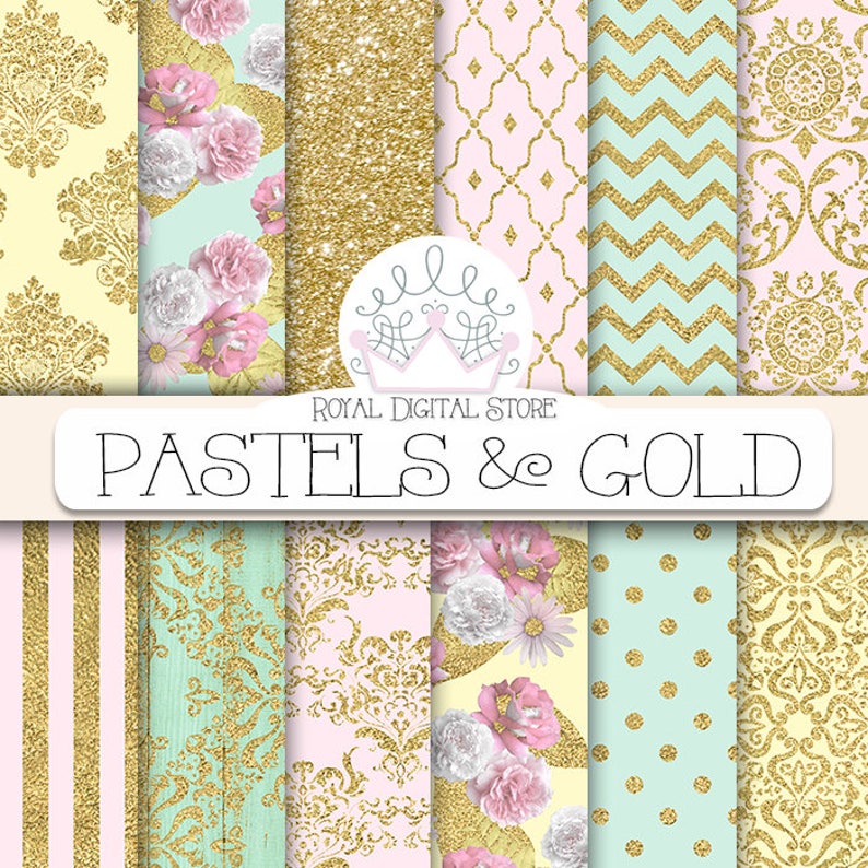 Gold Digital Paper pastels & Gold With Gold Etsy