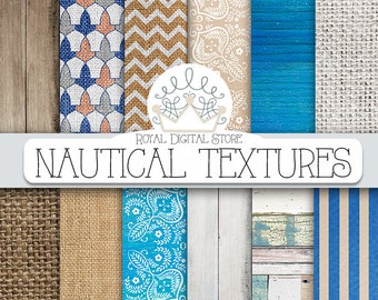 Nautical digital paper: "NAUTICAL TEXTURES" with nautical scrapbook paper, beach background, wood, burlap for scrapbooking, invitations