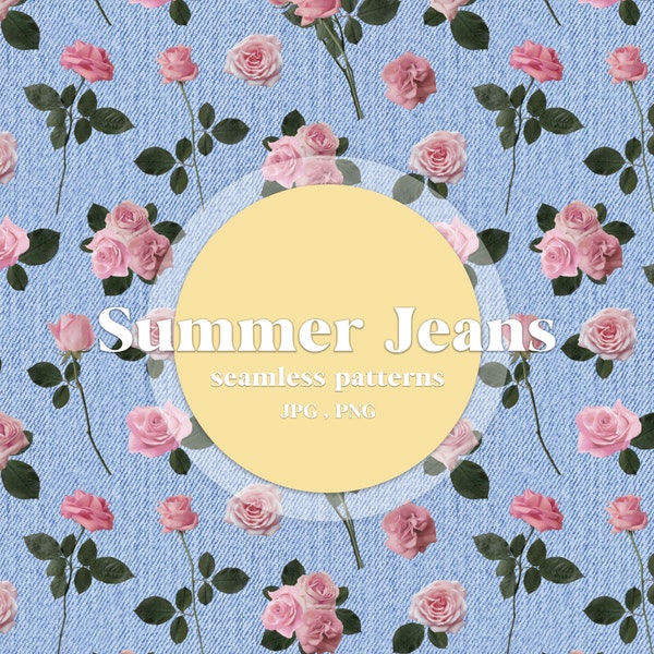 Denim Digital Paper Seamless Patterns: "SUMMER JEANS" with denim texture, wood texture, jeans texture, roses and patterns for scrapbooking