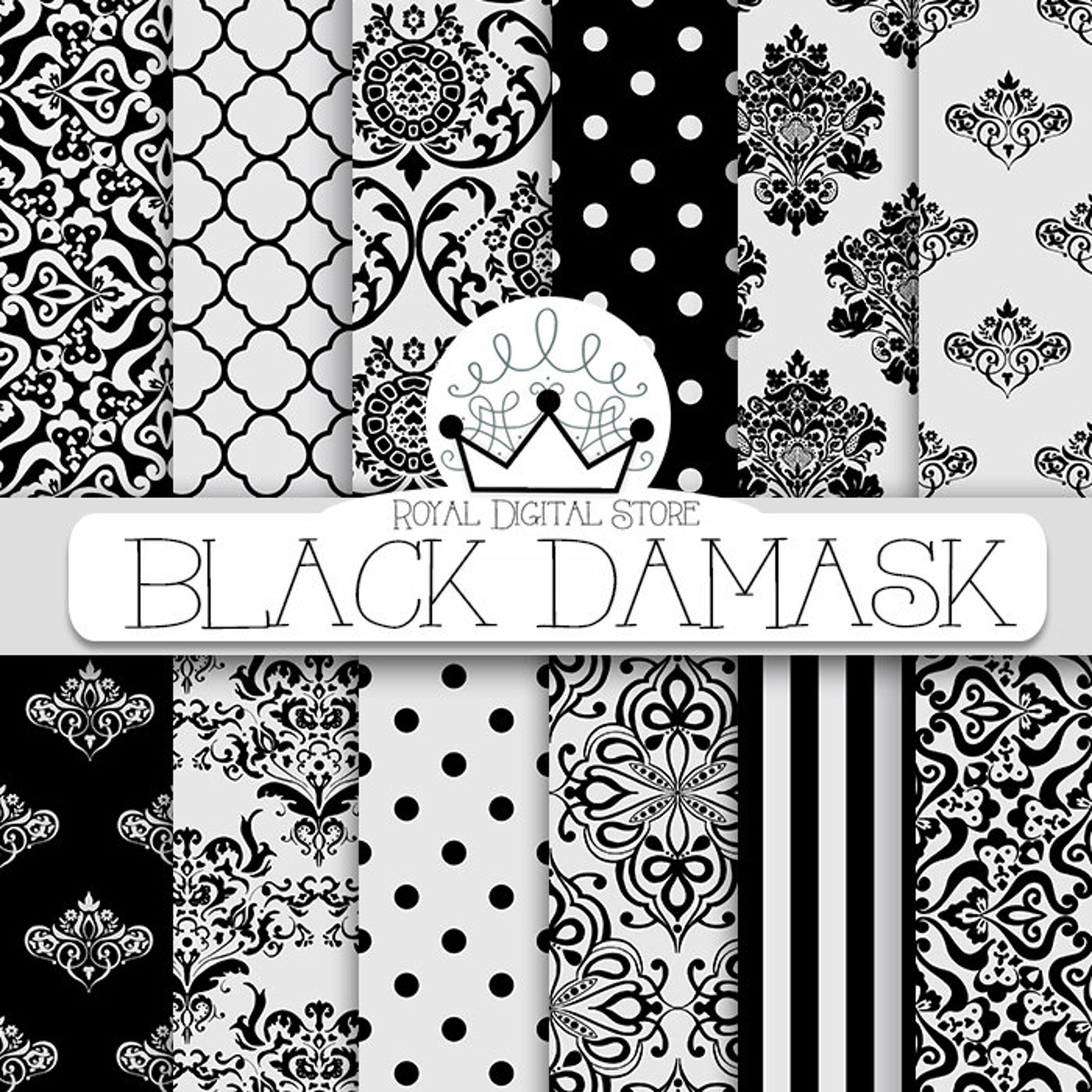 Damask Digital Paper Black Damask With Black Etsy