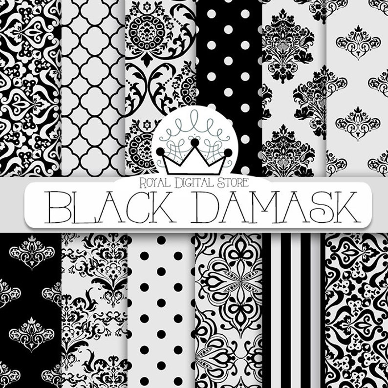 Damask Digital Paper Black Damask With Black Etsy