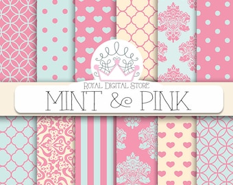 Mint and Pink Digital Paper: "Mint & Pink " with mint and pink patterns, damask, hearts, quatrefoil, polka dots, geometric patterns