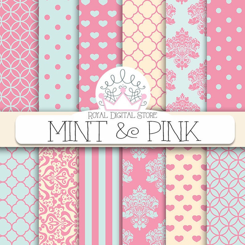 Mint and Pink Digital Paper: Mint & Pink with mint and pink patterns, damask, hearts, quatrefoil, polka dots, geometric patterns image 1