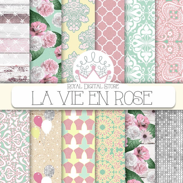 Shabby Digital Paper: "La VIE en ROSE" with wood digital paper, kraft texture, damask, roses in mint and pink for scrapbooking, planners