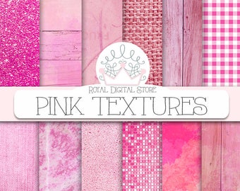 Pink digital paper: "PINK TEXTURES" with pink background, pink scrapbook paper, pink printable, pink glitter, pink wood for planners, cards