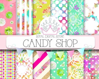 Candy digital paper: "CANDY SHOP" with party background, damask, rainbow patterns, polka dots, stripes for scrapbooking, cards, invitations