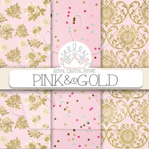 Pink Digital Paper: Pink and Gold with pink background, pink scrapbook paper, pink printable, pink and gold patterns with damask, chevron image 2