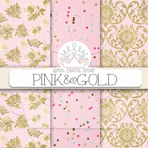 Pink Digital Paper:  Pink and Gold with pink background, pink scrapbook  paper, pink printable, pink and gold patterns with damask, chevron