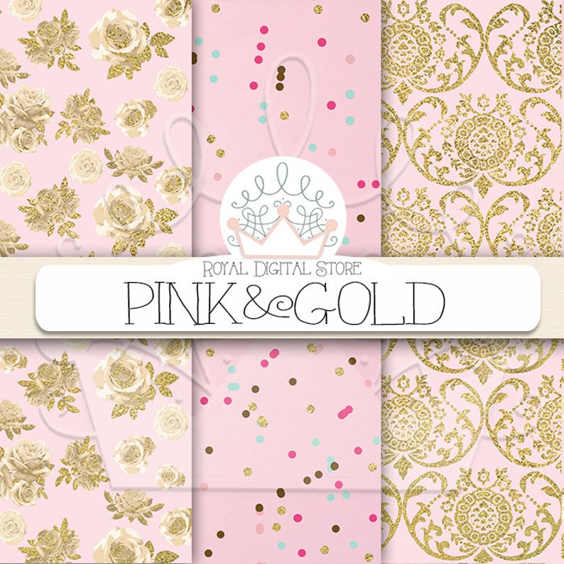 Pink Digital Paper: Pink and Gold with pink background, pink scrapbook paper, pink printable, pink and gold patterns with damask, chevron image 2