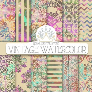 Watercolor Digital Paper: "VINTAGE WATERCOLOR" with watercolor damask patterns, vintage background, watercolor scrapbook for invites