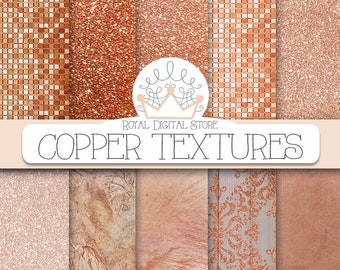 Rose gold digital paper: "COPPER TEXTURES" with rose gold background, rose gold glitter texture, copper background, marble and more