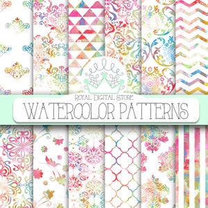 Watercolor Digital Paper: "WATERCOLOR PATTERNS" with watercolor background, rainbow watercolor digital download for cards, seniors