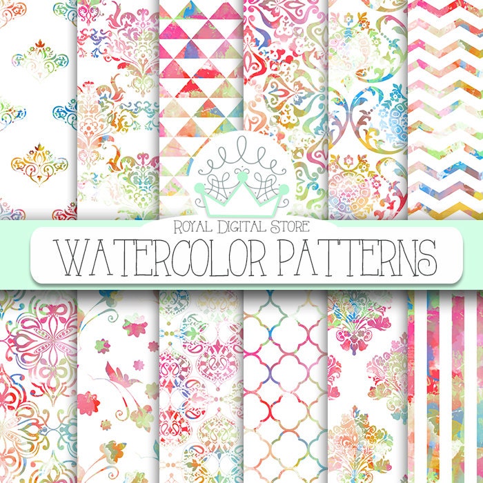 Watercolor Digital Paper: "WATERCOLOR PATTERNS" with waterc…