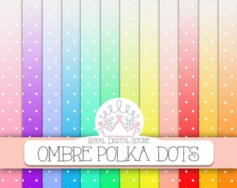 Ombre digital paper: "OMBRE POLKA DOTS" with ombre polka dots background, dip dye rainbow watercolor for invitations, cards, scrapbooking