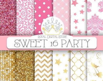 Pink Gold Digital Paper: " Sweet 16 Party Digital Paper" with pink and gold glitter, damask, chevron, stars, quatrefoil, lace backgrounds