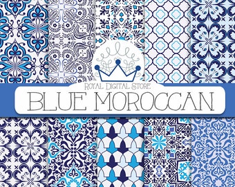 Blue Mosaic Digital Paper: "Blue Moroccan Digital Paper" with blue moroccan mosaic, blue arabesque, blue mosaic tiles