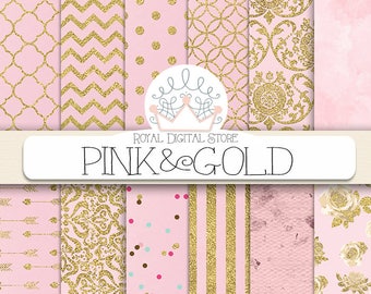 Pink Digital Paper: " Pink and Gold" with pink background, pink scrapbook paper, pink printable, pink and gold patterns with damask, chevron