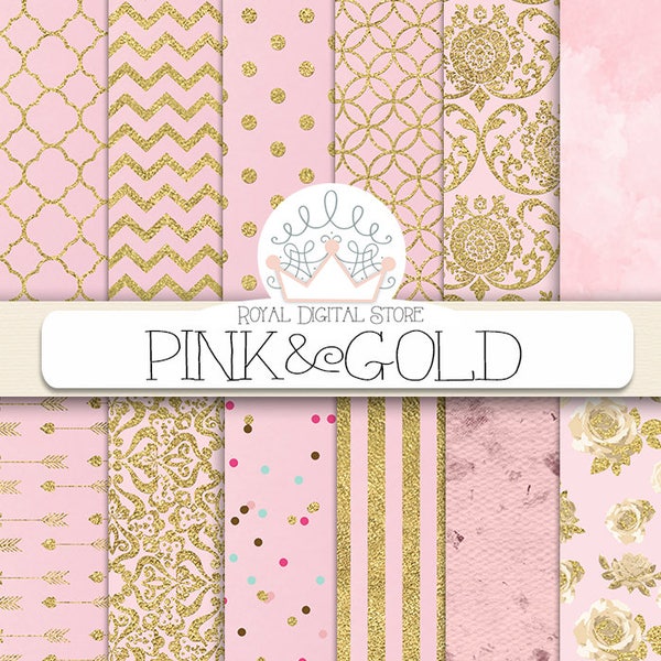 Pink Digital Paper: " Pink and Gold" with pink background, pink scrapbook paper, pink printable, pink and gold patterns with damask, chevron