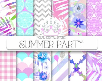 Summer Digital Paper: "SUMMER PARTY" with palm leaves, lemons, flower patterns in watercolor, purple, mint, pink for cards, scrapbooking