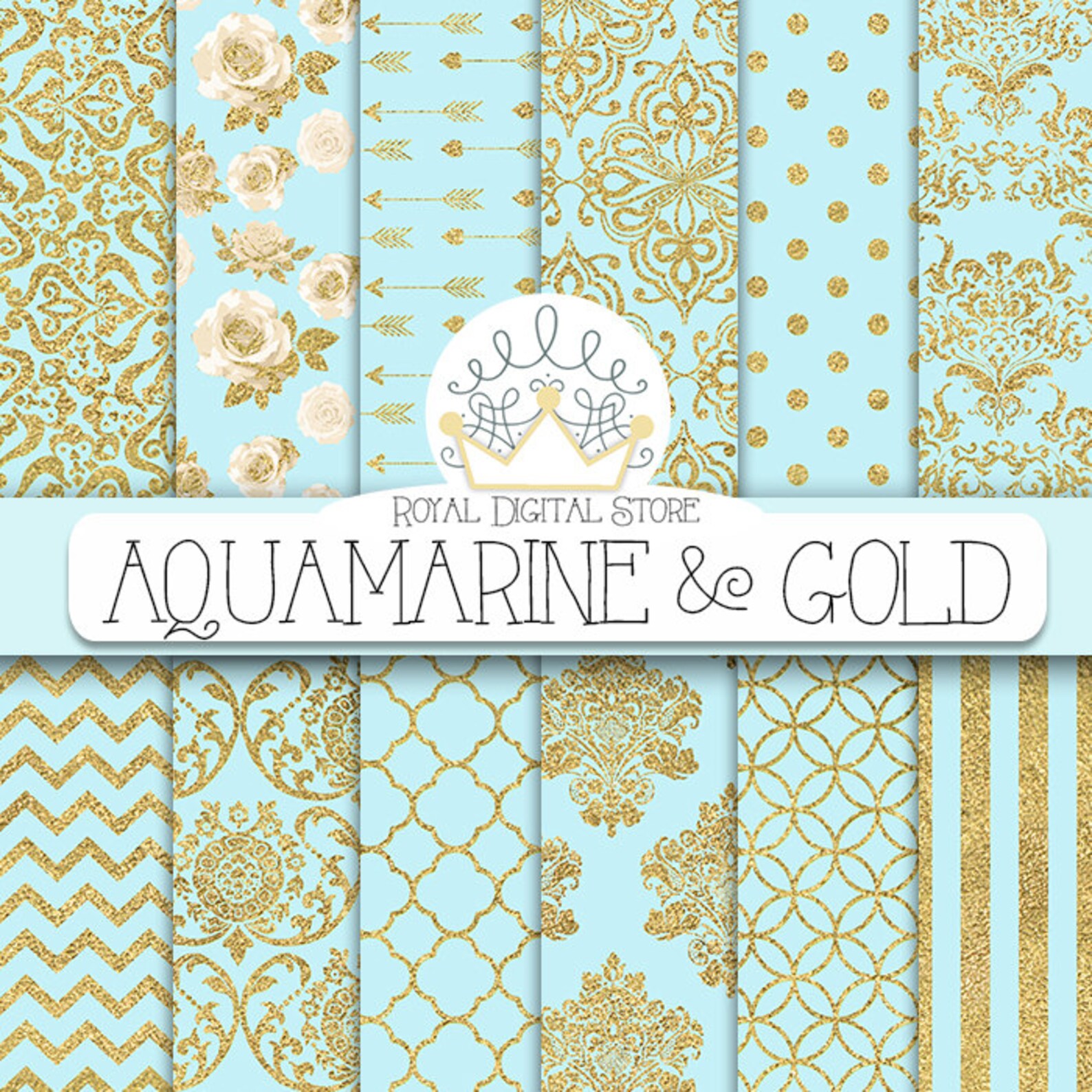 Aqua Blue Digital Paper aquamarine & Gold With Etsy