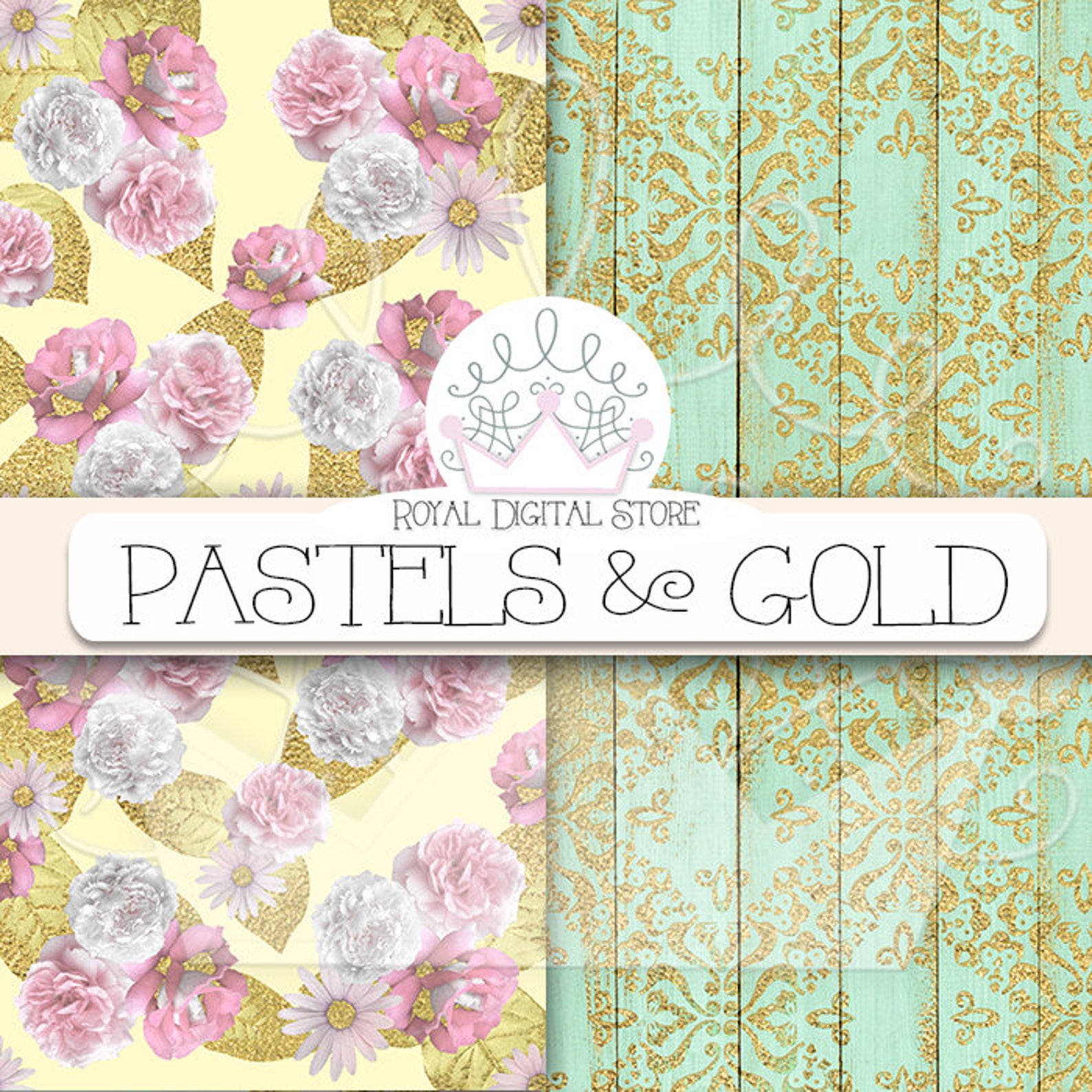 Gold Digital Paper pastels & Gold With Gold Etsy