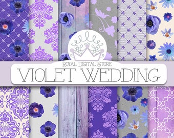 Violet Digital Paper: "VIOLET WEDDING" with violet flowers, violet patterns, violet background, wood, lace, damask for scrapbooking, cards