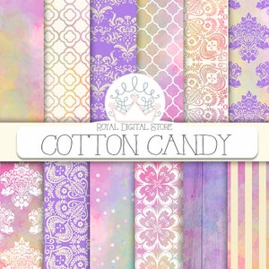 Sweet digital paper: "COTTON CANDY" with watercolor, damask, confetti, wood in pastel pink, purple, mint for scrapbooking, planners, cards