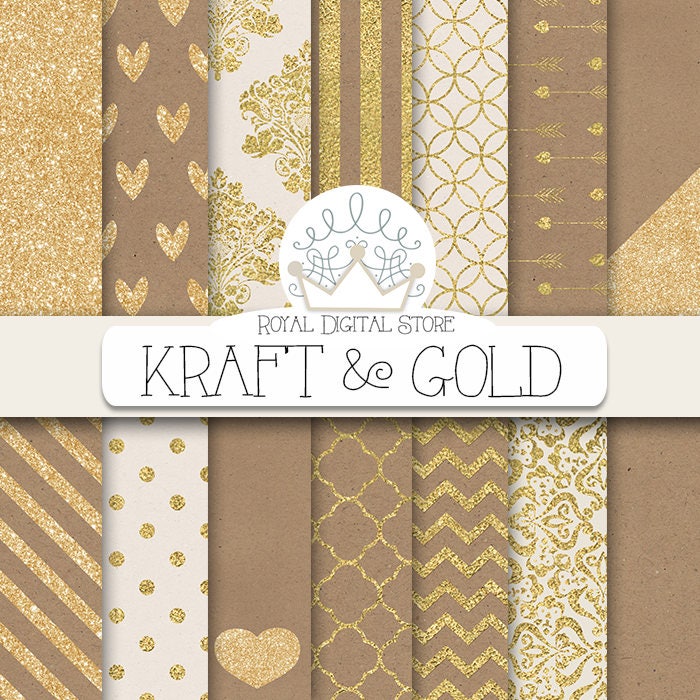 Kraft Digital Paper KRAFT & Gold With Kraft Paper Texture, Gold Background, Gold Patterns on