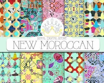 Moroccan digital paper: " NEW MOROCCAN" with colorful moroccan pattern, damask, mosaic for planners, scrapbooking, cards, invitations