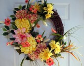 Large Spring Summer Wreath, Door Wreath, Chrysanthemum Hydrangea Wreath, Wreath, Fall wreath ready to ship
