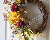 Rustic Wreath,Door wreath, Hydrangea Roses Wreath,Roses Wreath Original Handmade