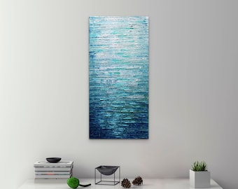 ocean abstract original painting blue colors vertical canvas palette impasto textured artwork