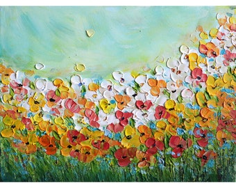 Wildflowers Original Oil Painting Flowers Field Colorful Floral Daisy Forget Me Not Canvas ready to ship