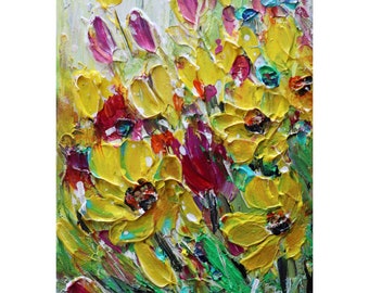 Daffodils Tulips Small Painting Oil Impasto Original Canvas Spring Flowers Art by Luiza Vizoli