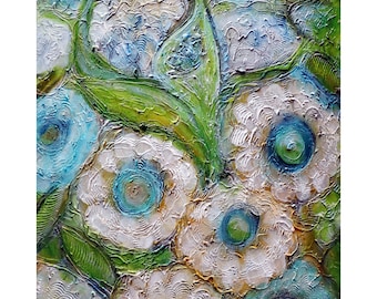 White Blue Tropical Green Abstract Textured Aqua Flowers Beach Cottage Wall Decor One of a Kind Original Painting ART by Luiza Vizoli