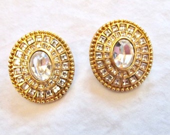 Dramatic Lia Sophia Rhinestone Pierced Earrings Large Gold Tone Posts