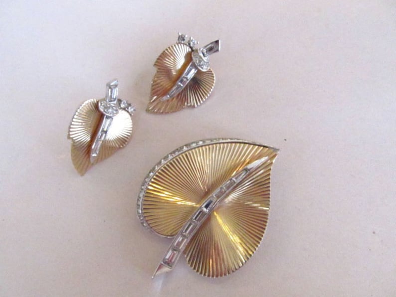 Marcel Boucher Rhinestone Leaf Brooch /& Earrings Demi Parure Set Gold Tone and Silver Tone