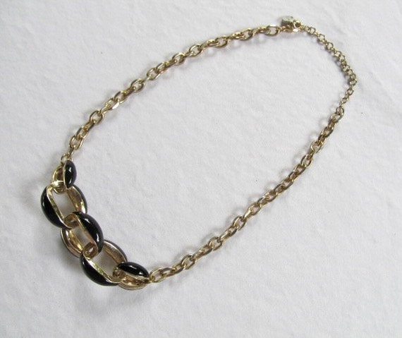 Anne Klein Chain Necklace with Black Enamel & Gol… - image 3
