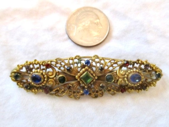 Antique Filigree Bar Pin with Rhinestones - image 4