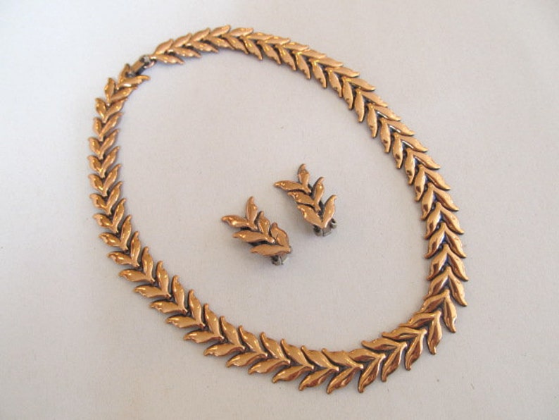 Renoir Copper Leaf Necklace /& Earrings Demi Parure Set Signed