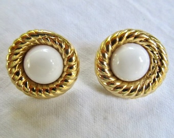 Trifari Earrings White Glass Cabochons in Gold Plate Post Pierced