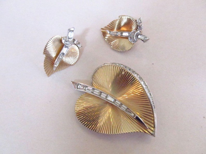 Marcel Boucher Rhinestone Leaf Brooch /& Earrings Demi Parure Set Gold Tone and Silver Tone