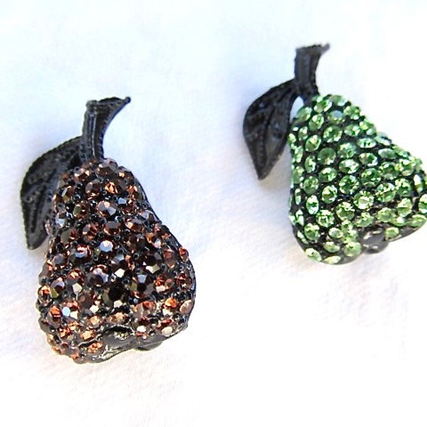 Pair Rhinestone Pear Scatter Pins Green & Orange in Blackened Settings