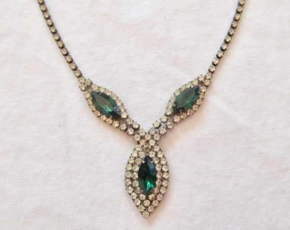 Green & Clear Rhinestone Necklace Vintage - image 1