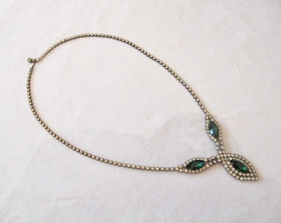 Green & Clear Rhinestone Necklace Vintage - image 3