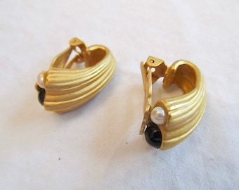 Blanca Earrings Matte Gold Tone Clips Hoop Design With Faux Pearls & Black Beads Signed