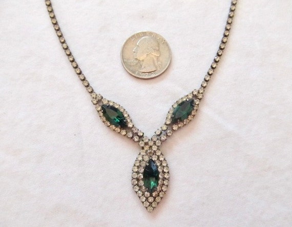 Green & Clear Rhinestone Necklace Vintage - image 7