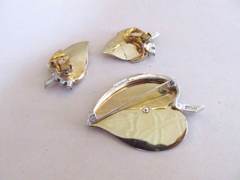 Marcel Boucher Rhinestone Leaf Brooch /& Earrings Demi Parure Set Gold Tone and Silver Tone